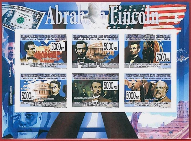 FRENCH GUINEA - ERROR, 2009 IMPERF SHEET: Lincoln, Kennedy, Politics, Flags