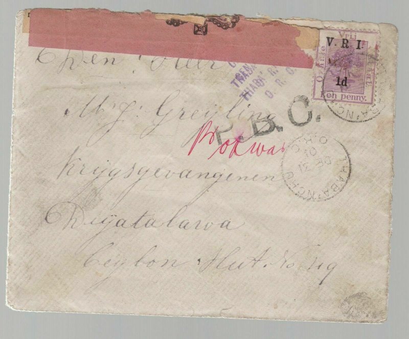 1901 Orange River Colony Censored Martial Law Cover to POW Camp Ceylon