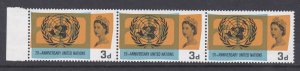 Sg 681c 1965 United Nations 3d (Ord) strip of 3 flying saucer retouch U/M