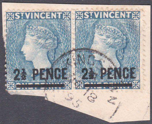 ST VINCENT 1895 2½d on 1d pair SG49 fine used on piece - Kingstown cds.......849