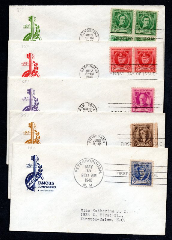 US  1940 Famous American Composers  #879-883 FDCs Used CV $20