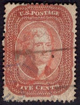 US Stamp #27 Brick Red w/ + $250 Red Paid All Cancel USED SSCV $1700