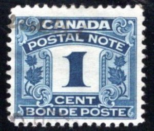 van Dam FPS1, Canada Postal Note, 1c blue, First Issue, 1932, Used, Revenue Stam