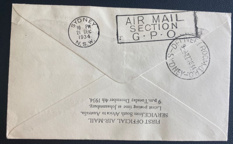 1934 Johannesburg South Africa Flight Flight Airmail Cover to Sydney Australia