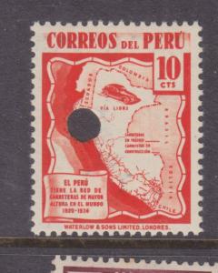 PERU, 1938 10c. Scarlet, Motor Roads, Waterlow Punched Proof, perf., mnh.