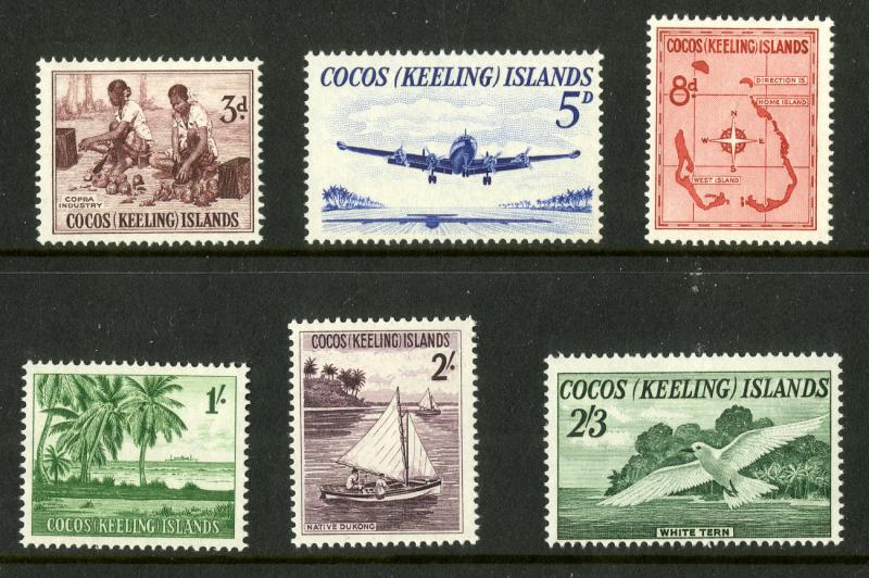 COCOS ISLAND 1-6 MNH SCV $26.25 BIN $13.00 PLANE, BOAT, PEOPLE AND BIRDS