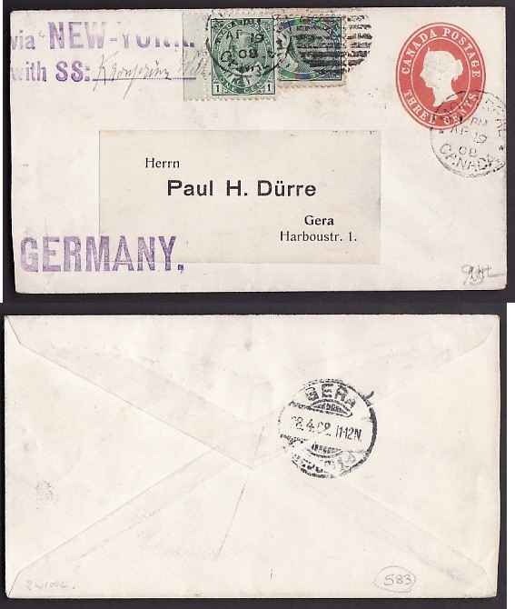 Canada-Cover #10159-1c(2) Edward uprating 3c QV postal stationery-Germany-Montr