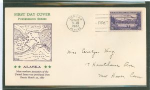 US 800 1937 3c Alaska (part of the US Possession series) single on an addressed first day cover with a Hux cachet.