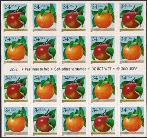 #3492B 34 cents Apple & Orange, Pane Stamp Mint OG NH XF