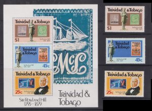 TRINIDAD & TOBAGO  1979 DEATH CENTENARY OF SIR ROWLAND HILL  3-STAMPS + 1-MS MNH