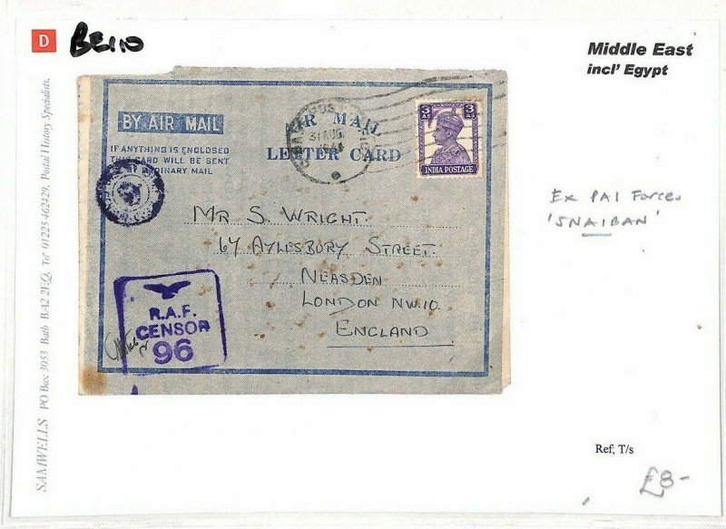 INDIA Cover WW2 Superb Violet *RAF CENSOR 96* Air Letter Isaiban {samwells}BE110