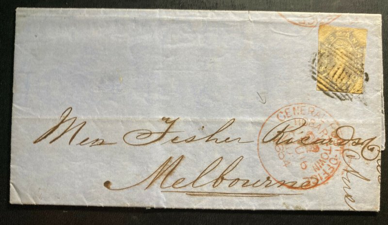 1864 Hobart Tasmania General PO Letter Sheet Cover To Melbourne Australia
