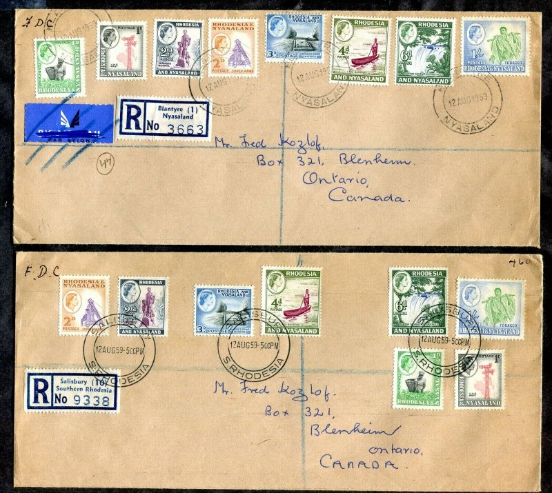 c013 - RHODESIA AND NYASALAND 1959 Lot of (2) FDC Covers to CANADA