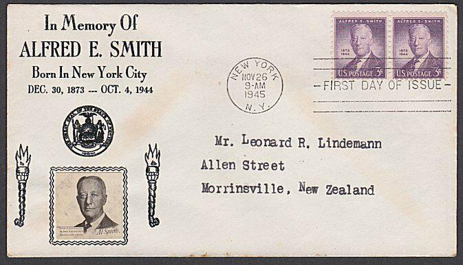 USA 1945 CROSBY photo FDC to New Zealand - 3c Alfred E Smith...............55568