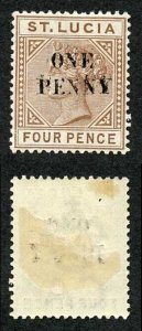 St Lucia SG55a 1d on 4d Brown Opt DOUBLED Fresh M/Mint