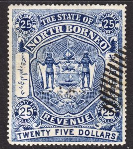 North Borneo 25$ revenue, Barefoot #7 VF CTO. Lot #A.  FREE...