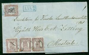 FINLAND 1871, 5p (x4) all tied Abo to Mustiala w/blue ANK arrival mark