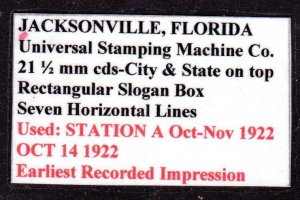 $Florida Machine Cancel Cover, Jacksonville, 10/14/1922, earliest recorded imp.