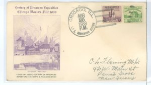 US 730a-731a 1933 1c & 3c Century of Progress (imperf singles from the Farley mini-sheets) on an addressed FDC with a Grimsland