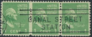 US 804 1 cent Presidential Issue; Used strip of 3 -- See details and scans