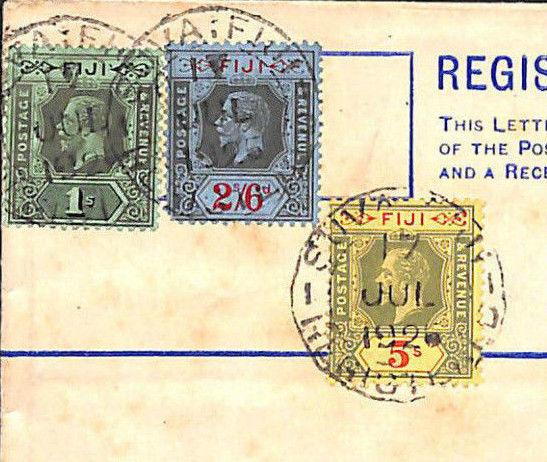 FIJI KGV 5s & 2s/6d HIGH VALUES Cover 1925 Registered Postal Stationery MS303