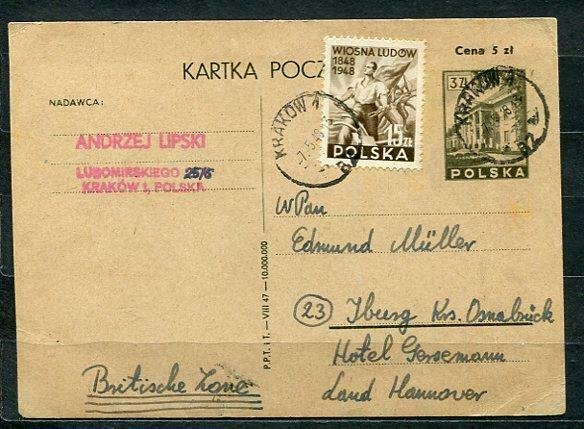 Poland 1948 PSC/Card UPR Krakow to Hannover British Occupation Zone in Germany