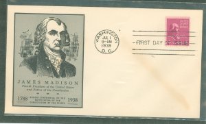 US 808 1938 4c James Madison (part of the presidential/prexy series) on an unaddressed first day cover with a Linprint cachet.