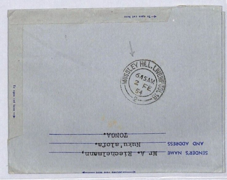 TONGA AIR LETTER Nuku'alofa GB Liverpool *MUSSLEY HILL* CDS 1954 {samwells}ZV117