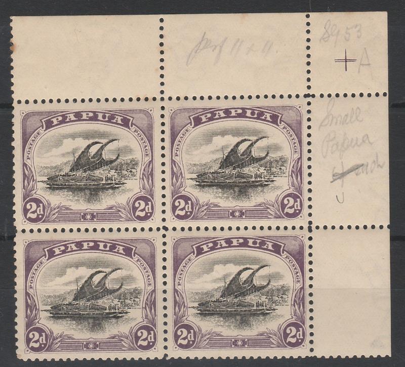 PAPUA 1907 LAKATOI SMALL PAPUA 2D BLOCK STAMPS MNH ** PERF 11 WMK UPRIGHT