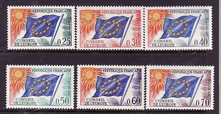 France-Sc#1O10-15- id2-Unused NH set-Conseil De L'Europe-Flags-1965-71-