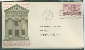 US 782 1936 3c Arkansas centennial (single) on an addressed (typed) fdc with an Esplanade cachet.