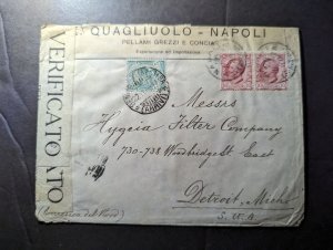 1917 Censored Italy Cover Naples to Detroit MI USA