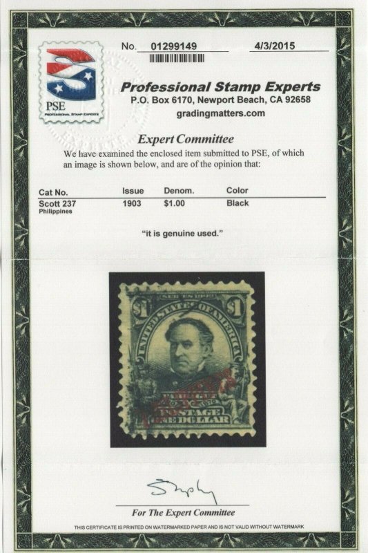 #237 Used Scarce F-VF w/ PSE Cert. SCV. $200 Very Undercatologued  (JH 10/7) GP