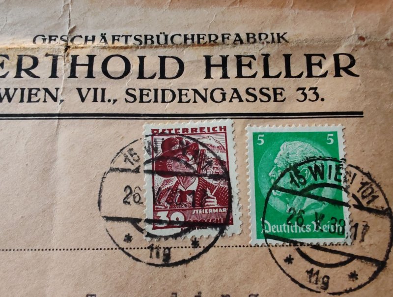 Austria. Envelope with postage stamps and postmarks, ad...