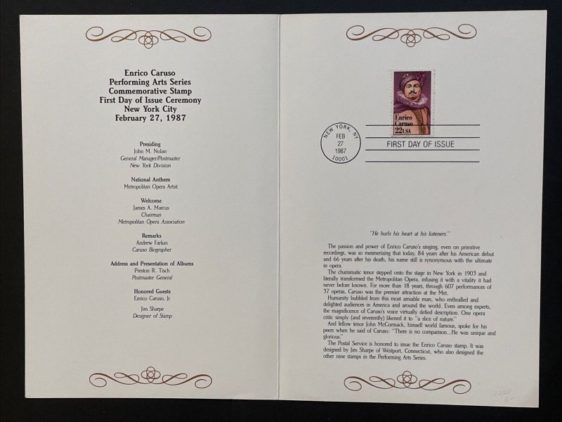 1987 Enrico Caruso Stamp First Day Ceremony Program Sc# 2250