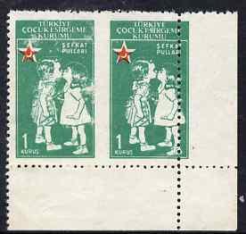 Turkey 1957 Postal Tax 1k Red Crescent corner pair with v...