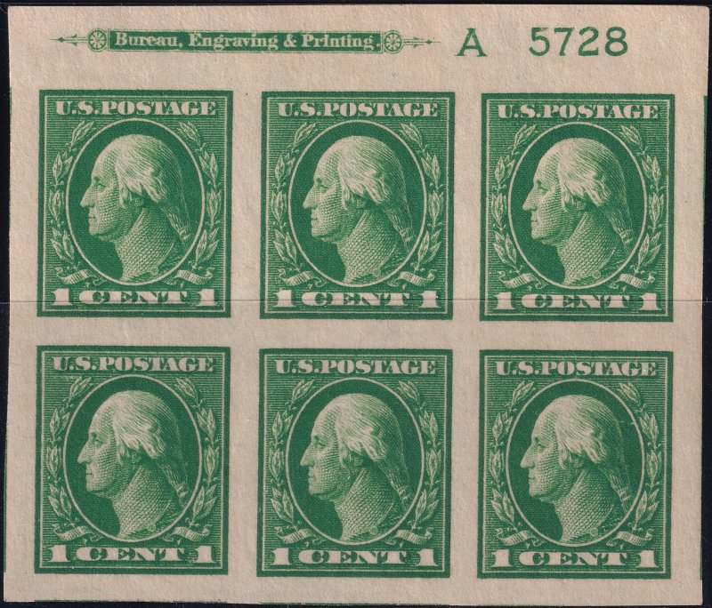 #408 Mint OG, XF, Plate number block of 6, A and plate #5728, hinge in selvag...