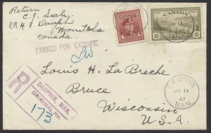 1947 Registered Cover, PASSED FOR EXPORT, Dauphin MAN to Wisconsin USA
