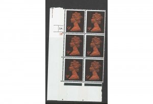 GB 1971 Machin 9p FCP/PVA cyl 3A3B no dot corner block of 6 unmounted mint, sh 