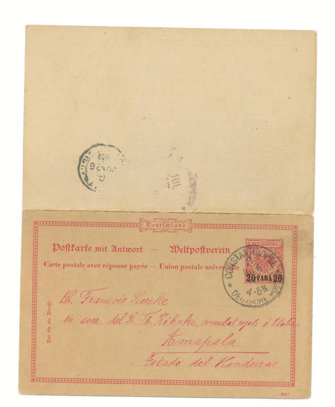 1900 German Post Office in Turkey Postal Stationery Reply cover to Honduras