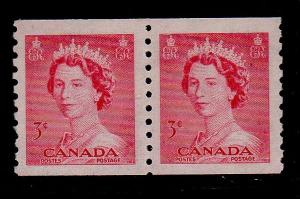 Canada Sc 332 1953 3c QE coil stamp pair mint NH