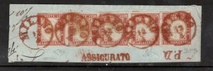 Sardinia Sassone #16b Very Fine Used Strip Of Five On Piece With Red Milano 12/4