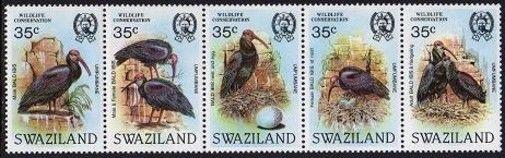 Swaziland 448 ae strip folded,MNH.Michel 449-453. Birds 1984:Bald ibis