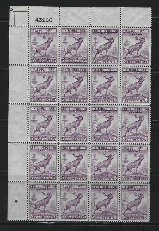 NEWFOUNDLAND - #257 - 5c CARIBOU UL PLATE 43966 BLOCK OF 20 (1941-1944 ...