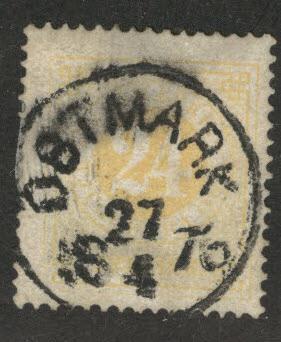 SWEDEN Scott 24a used 1872 perf 14 yellow smeared cx