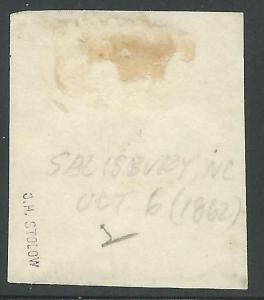 CSA Scott #2e Paterson Stone Y Used Confederate Stamp on Piece Salisbury, NC