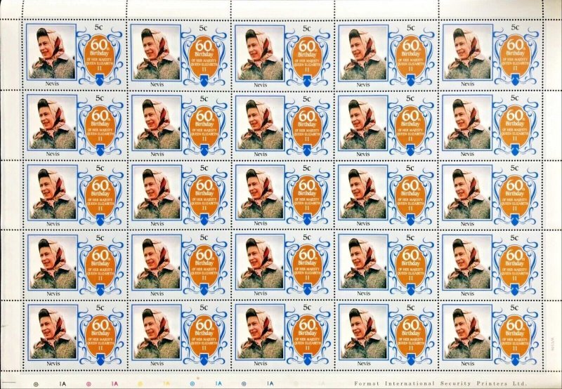 NEVIS 1986 60TH BIRTHDAY QUEEN ELIZABETH II, COMPLETE SHEET 5C-SG384 X 25 STAMPS 