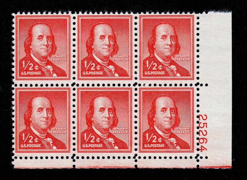 SCOTT #1030 - PLATE BLOCK OF 6 - BENJAMIN FRANKLIN 1958 MNH-OG