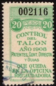 1909 Argentina Revenue Santa Fé Province 20 Pesos General Tax Duty Talon Half