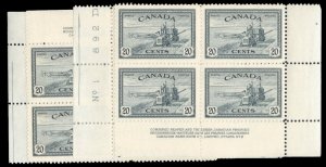 Canada #271 Cat$130, 1946 20c slate blue, set of four matching plate blocks o...